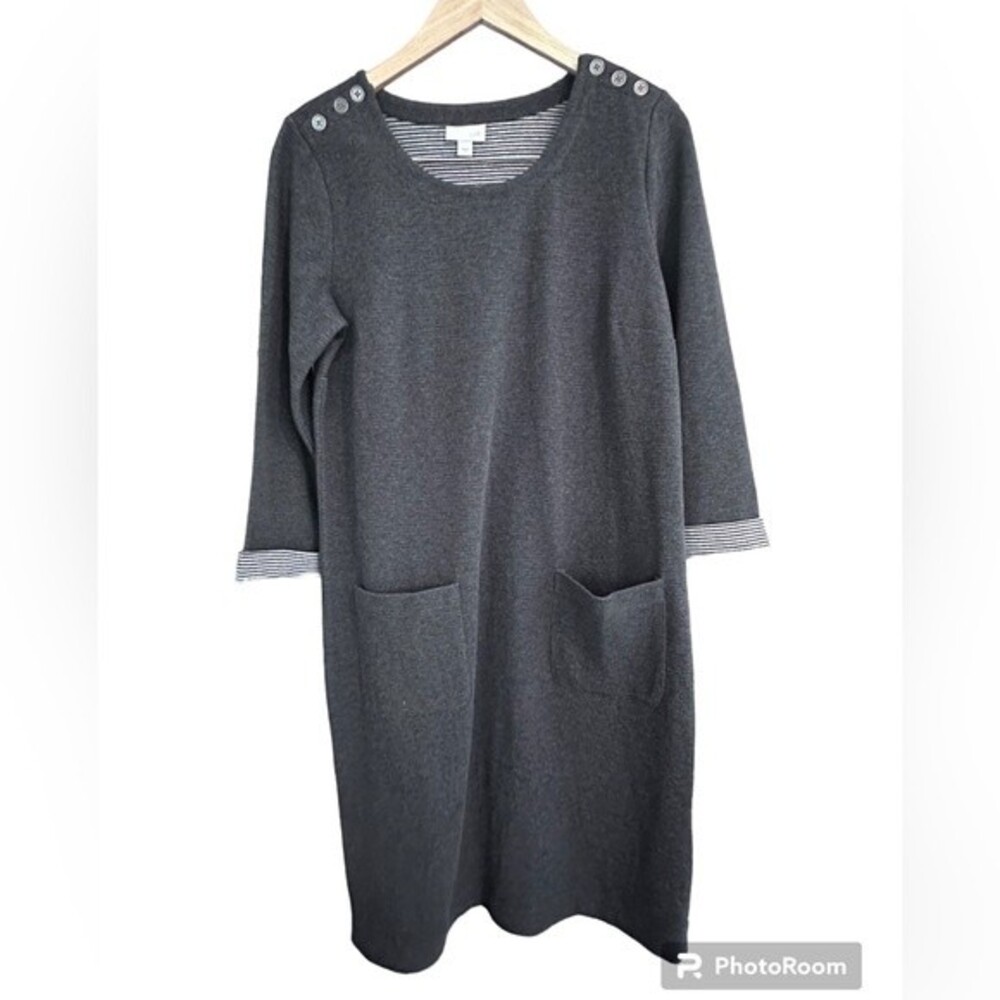 J.JILL 3/4 Sleeve Knit Dress Scoop Neck Button Shoulder Knee Length Gray Size S